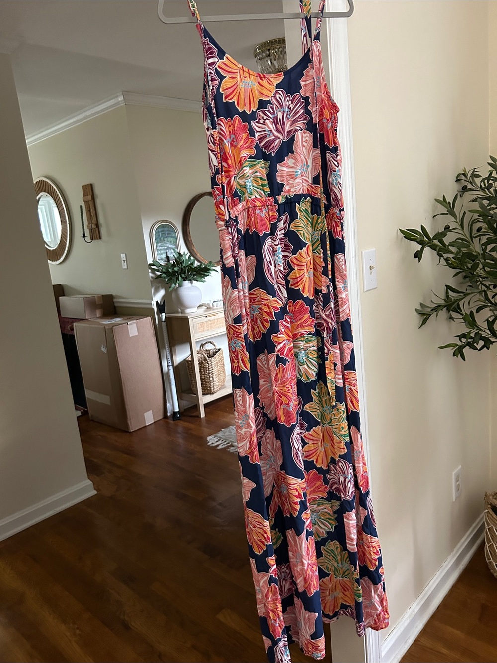 Michael Stars Navy Maxi Skirt with Coral & Pink Tropical Print